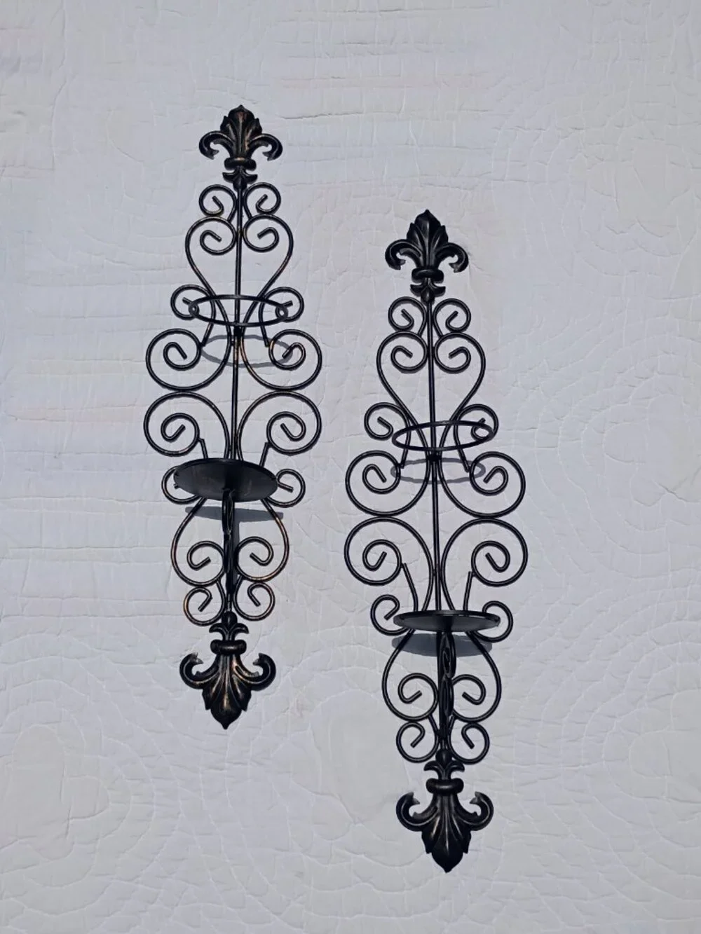 Vintage Wrought Iron Wall Sconces Fleur de Lis Pillar Candle Holders Black Gold